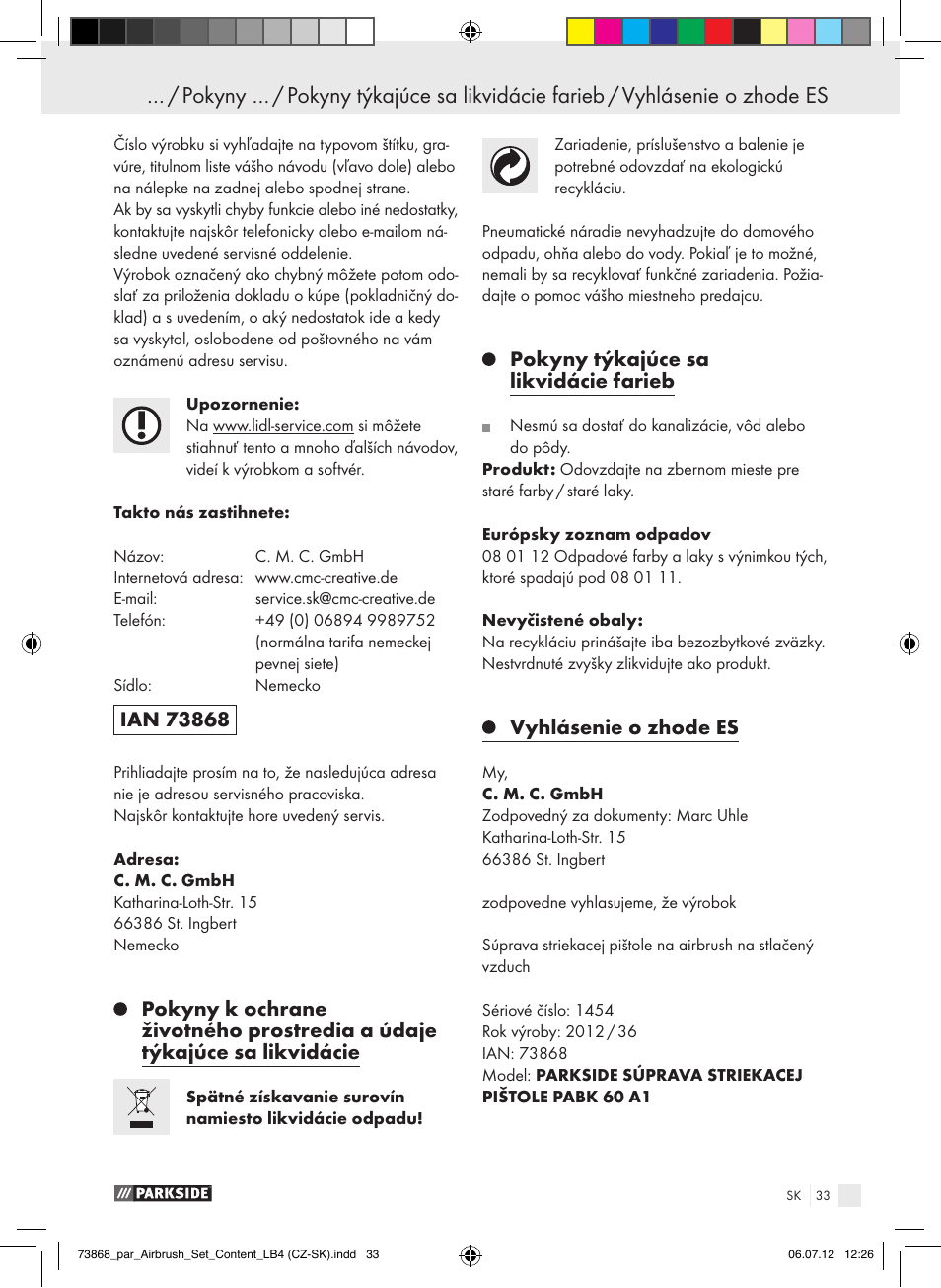 Pokyny týkajúce sa likvidácie farieb, Vyhlásenie o zhode es | Parkside PABK 60 A1 User Manual | Page 33 / 45