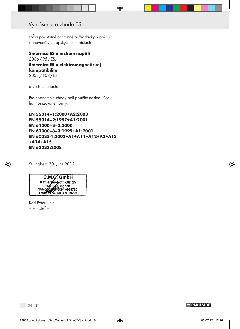 Inhaltsverzeichnis vyhlásenie o zhode es | Parkside PABK 60 A1 User Manual | Page 34 / 45