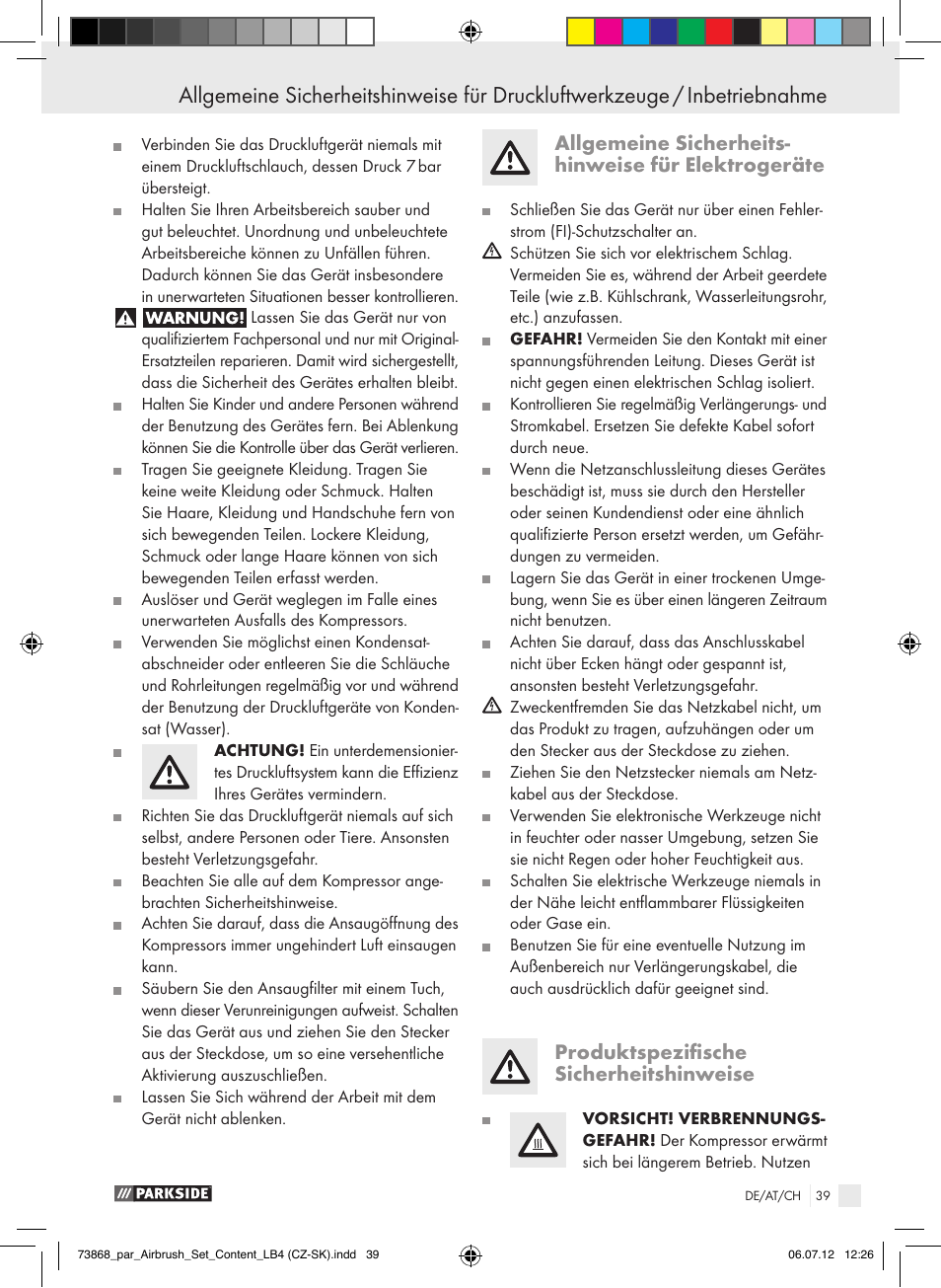 Allgemeine sicherheits- hinweise für elektrogeräte, Produktspezifische sicherheitshinweise | Parkside PABK 60 A1 User Manual | Page 39 / 45