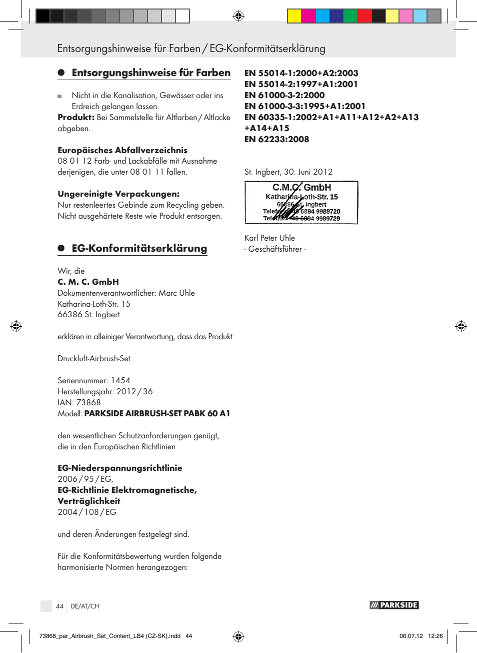 Entsorgungshinweise für farben, Eg-konformitätserklärung | Parkside PABK 60 A1 User Manual | Page 44 / 45