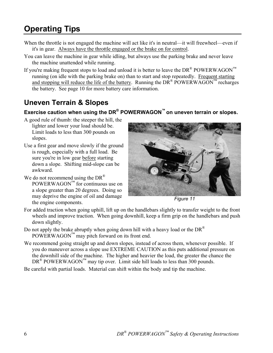 Operating tips, Uneven terrain & slopes | Country Home Products SUBURBANTM User Manual | Page 12 / 36