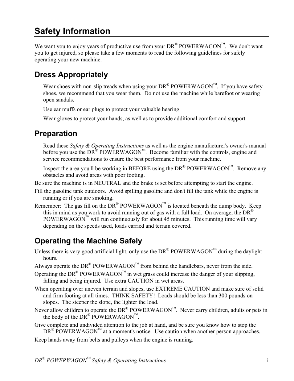 Safety information, Dress appropriately, Preparation | Operating the machine safely | Country Home Products SUBURBANTM User Manual | Page 3 / 36