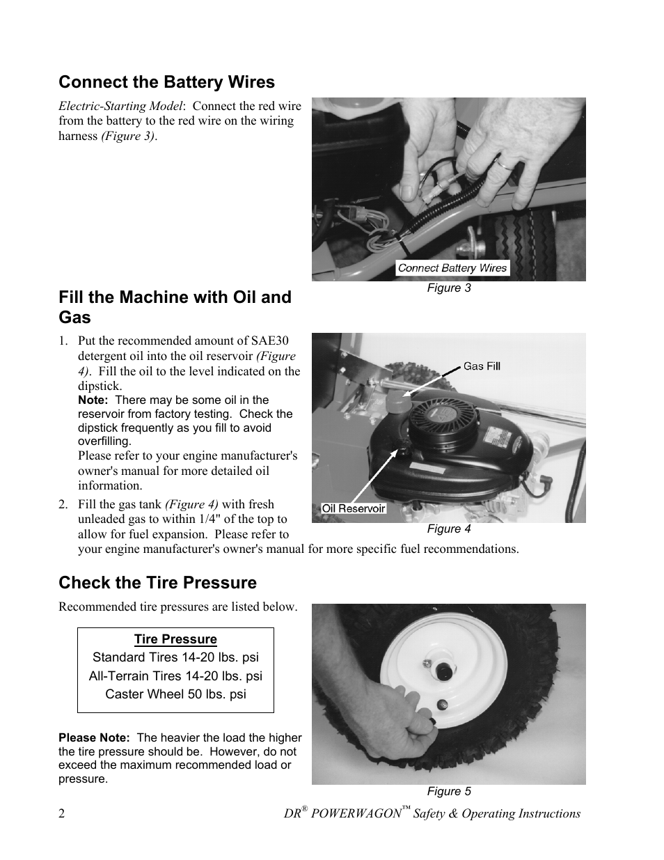 Connect the battery wires, Fill the machine with oil and gas, Check the tire pressure | Country Home Products SUBURBANTM User Manual | Page 8 / 36