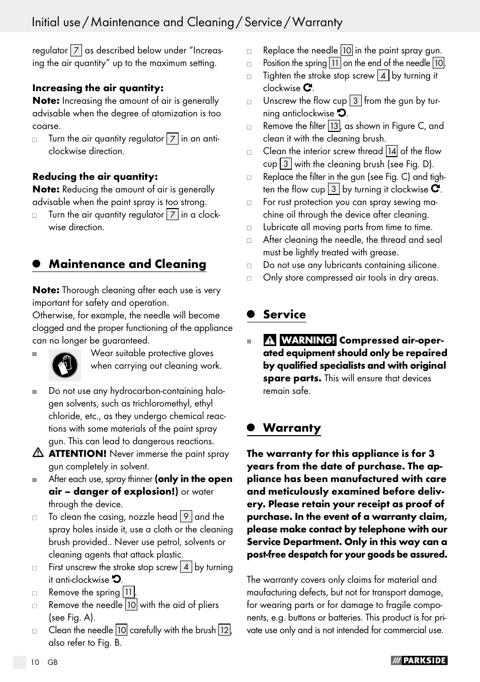 Maintenance and cleaning, Service, Warranty | Parkside PDFP 500 A1 User Manual | Page 10 / 61