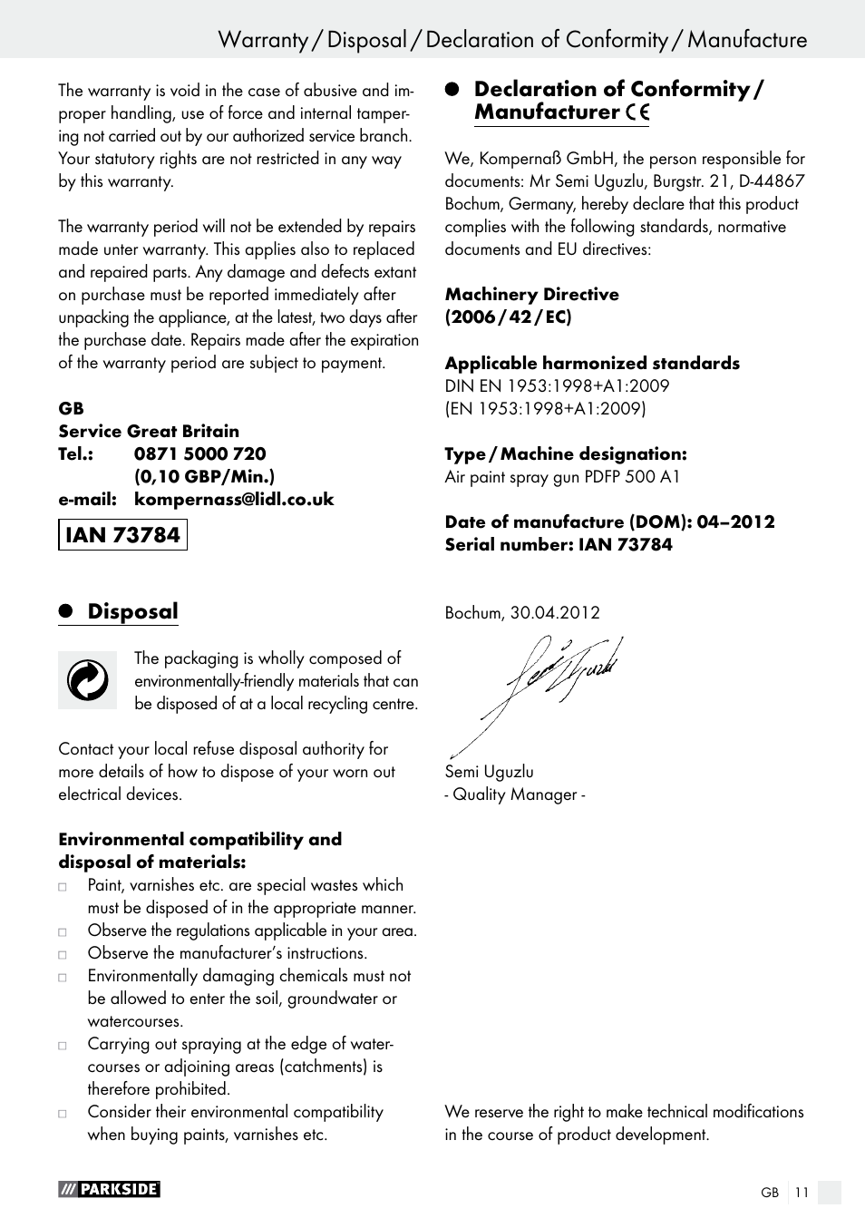 Disposal, Declaration of conformity / manufacturer | Parkside PDFP 500 A1 User Manual | Page 11 / 61