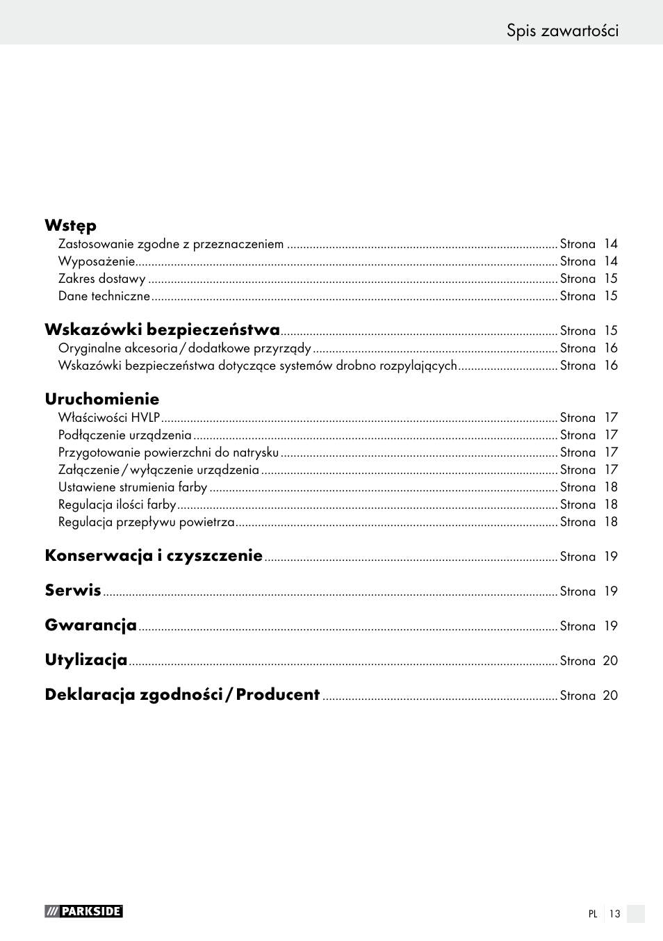 Spis zawartości | Parkside PDFP 500 A1 User Manual | Page 13 / 61