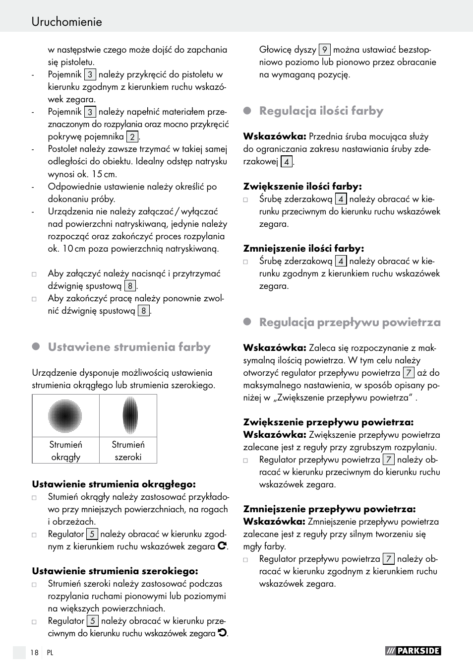 Ustawiene strumienia farby, Regulacja ilości farby, Regulacja przepływu powietrza | Parkside PDFP 500 A1 User Manual | Page 18 / 61