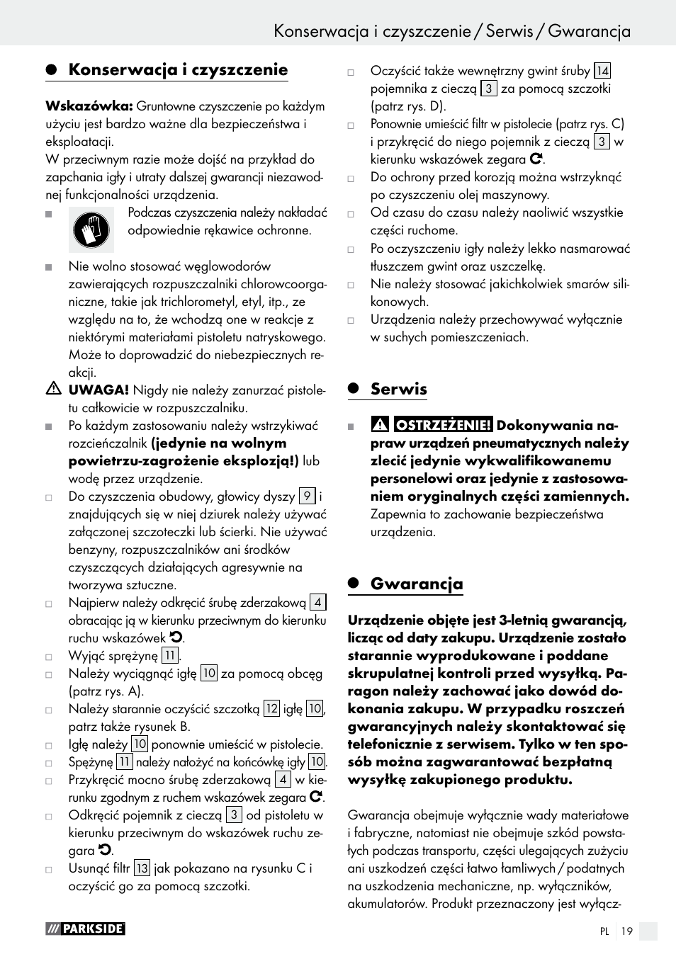 Konserwacja i czyszczenie, Serwis, Gwarancja | Parkside PDFP 500 A1 User Manual | Page 19 / 61