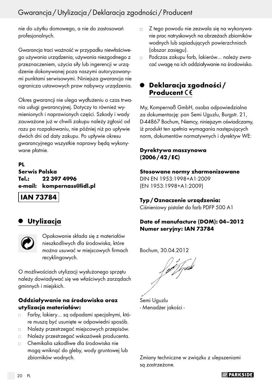 Utylizacja, Deklaracja zgodności / producent | Parkside PDFP 500 A1 User Manual | Page 20 / 61