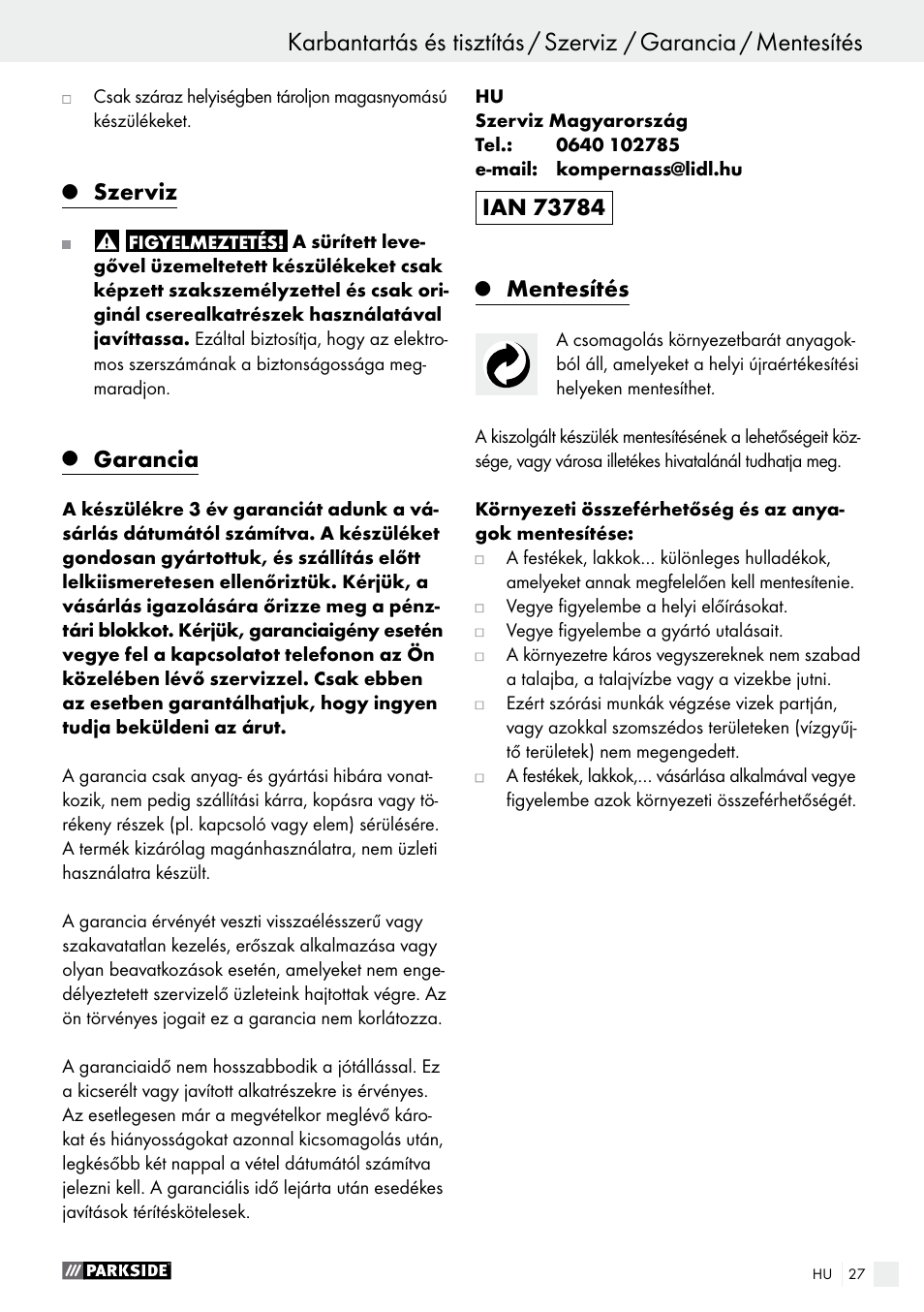 Szerviz, Garancia, Mentesítés | Parkside PDFP 500 A1 User Manual | Page 27 / 61