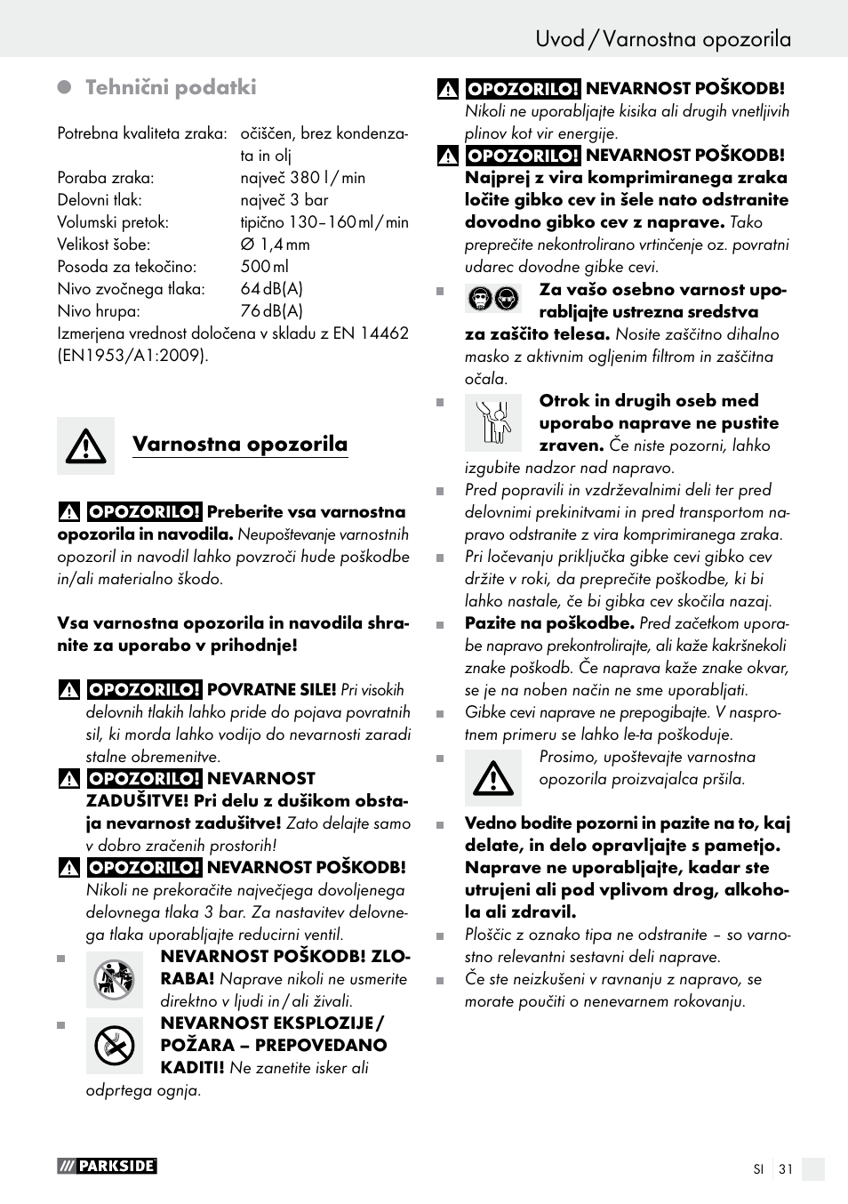 Uvod / varnostna opozorila uvod, Tehnični podatki, Varnostna opozorila | Parkside PDFP 500 A1 User Manual | Page 31 / 61