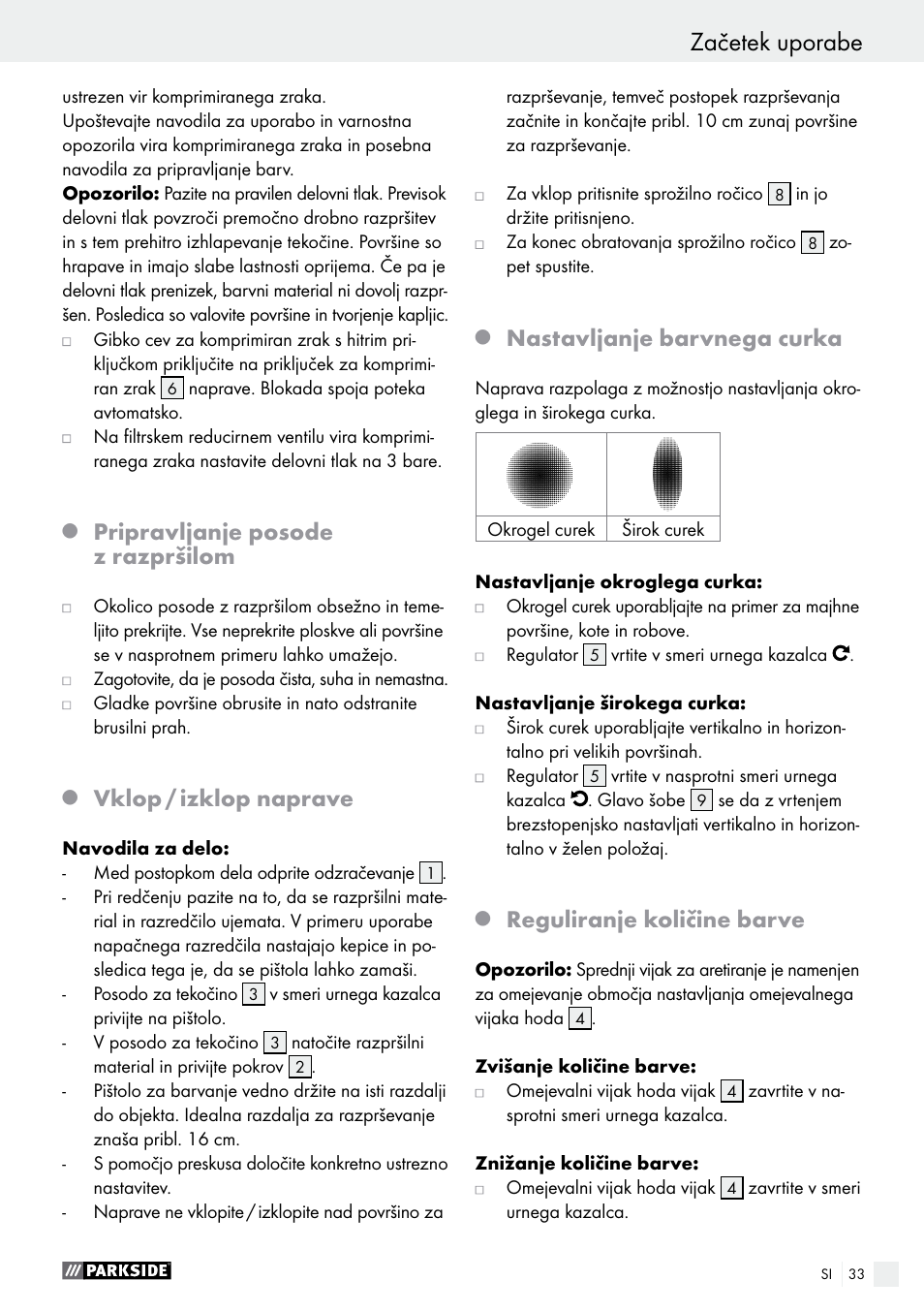 Pripravljanje posode z razpršilom, Vklop / izklop naprave, Nastavljanje barvnega curka | Reguliranje količine barve | Parkside PDFP 500 A1 User Manual | Page 33 / 61