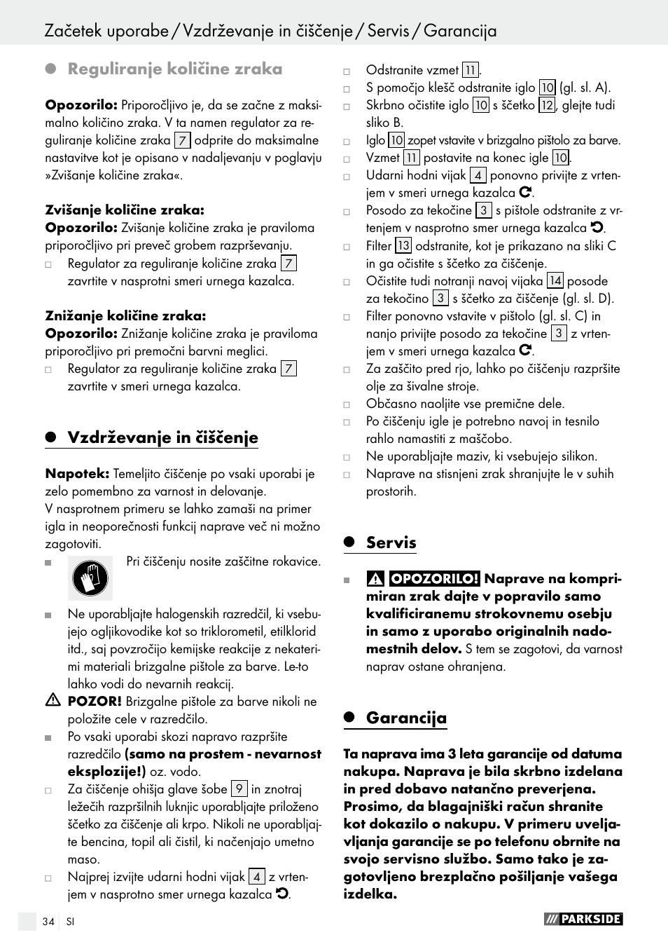 Reguliranje količine zraka, Vzdrževanje in čiščenje, Servis | Garancija | Parkside PDFP 500 A1 User Manual | Page 34 / 61