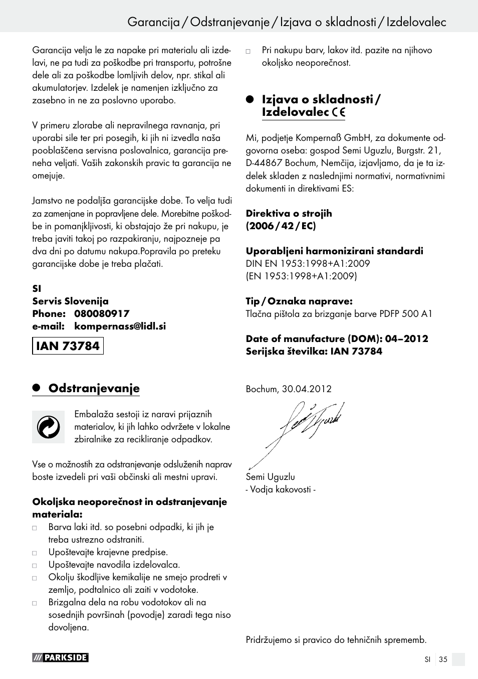 Odstranjevanje, Izjava o skladnosti / izdelovalec | Parkside PDFP 500 A1 User Manual | Page 35 / 61
