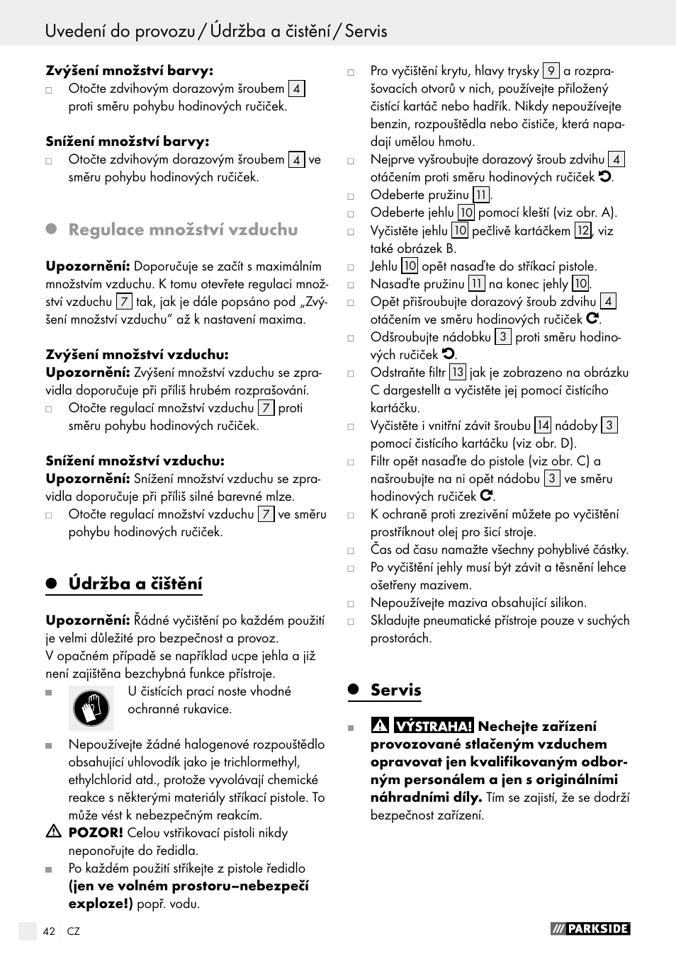 Regulace množství vzduchu, Údržba a čištění, Servis | Parkside PDFP 500 A1 User Manual | Page 42 / 61