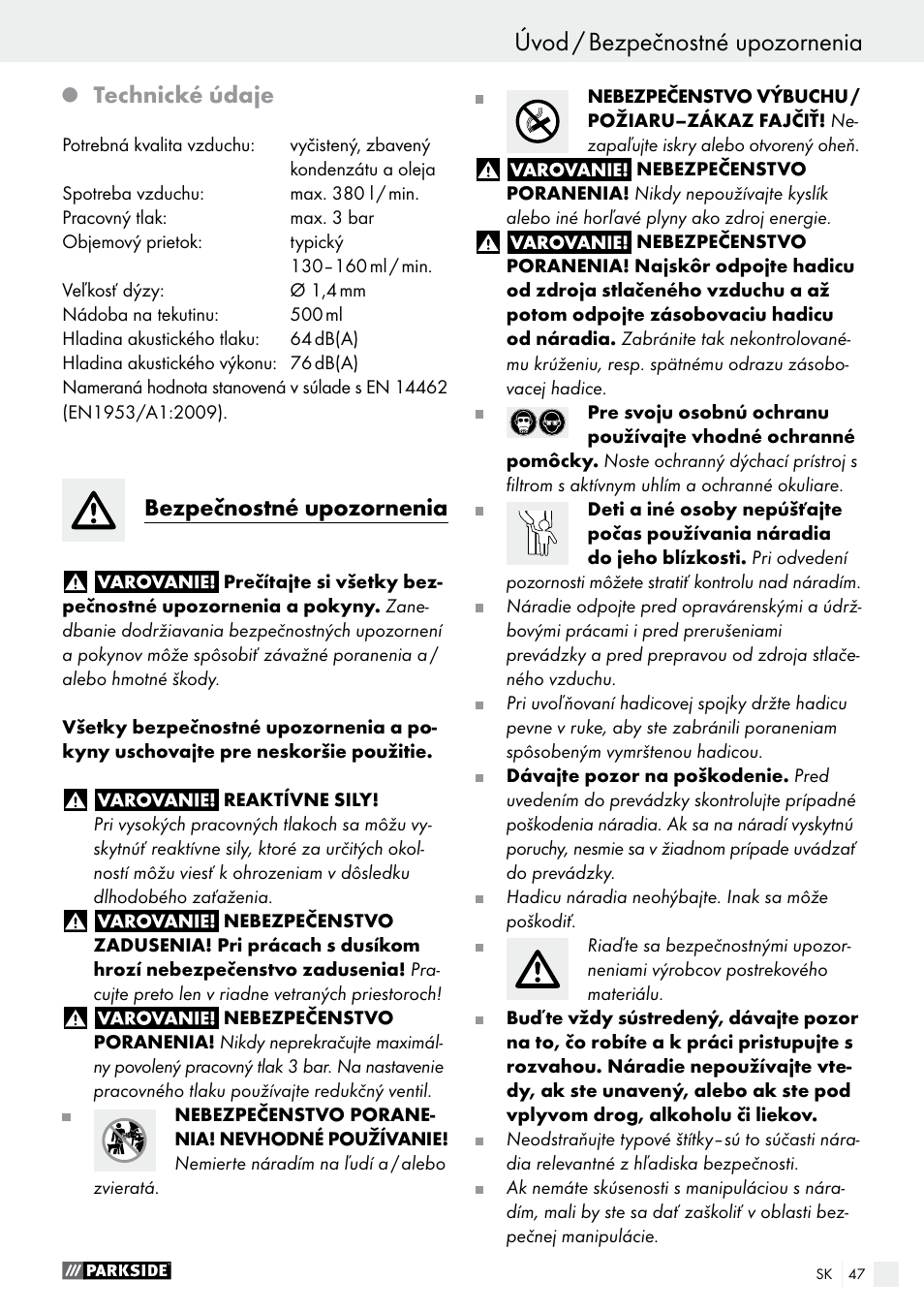 Úvod / bezpečnostné upozornenia úvod, Technické údaje, Bezpečnostné upozornenia | Parkside PDFP 500 A1 User Manual | Page 47 / 61