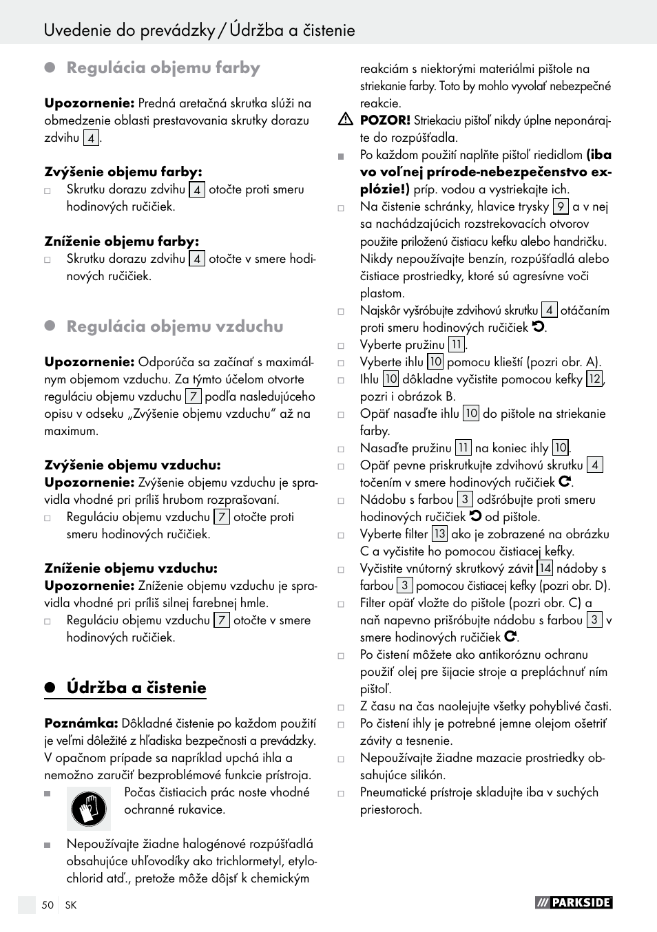 Regulácia objemu farby, Regulácia objemu vzduchu, Údržba a čistenie | Parkside PDFP 500 A1 User Manual | Page 50 / 61