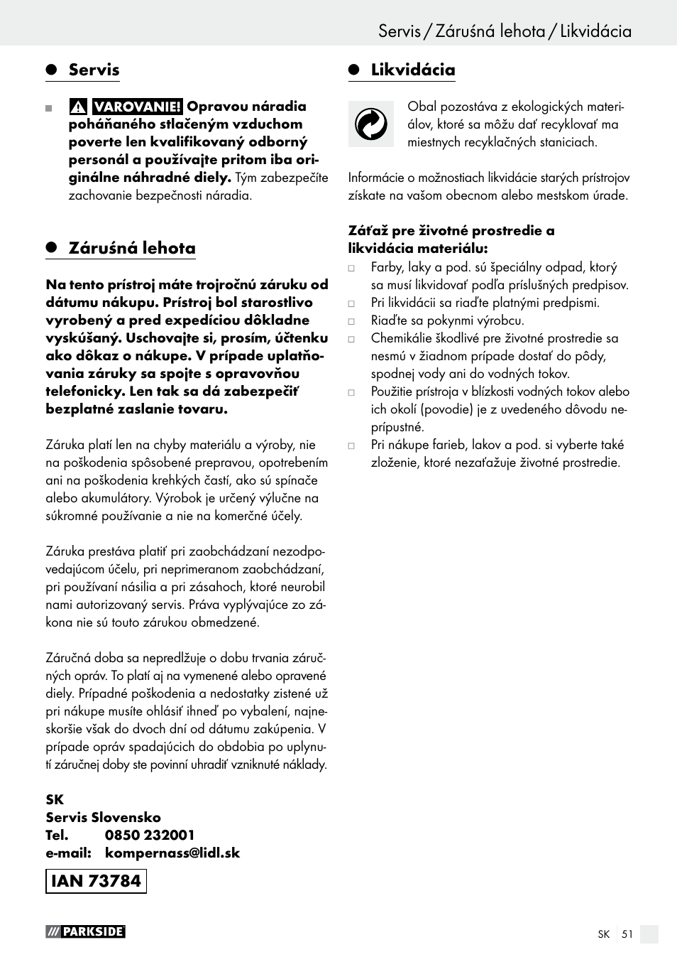 Servis, Záruśná lehota, Likvidácia | Parkside PDFP 500 A1 User Manual | Page 51 / 61