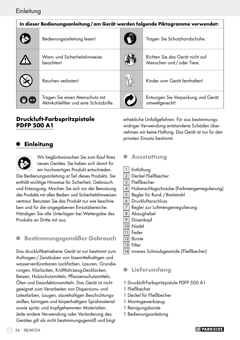 Einleitung / sicherheitshinweise einleitung, Druckluft-farbspritzpistole pdfp 500 a1 einleitung, Bestimmungsgemäßer gebrauch | Ausstattung, Lieferumfang | Parkside PDFP 500 A1 User Manual | Page 54 / 61
