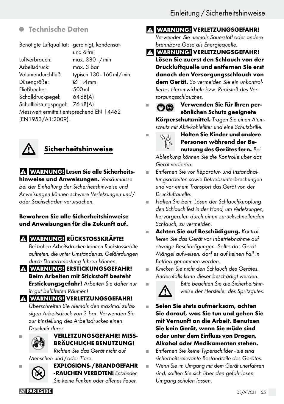 Einleitung / sicherheitshinweise einleitung, Technische daten, Sicherheitshinweise | Parkside PDFP 500 A1 User Manual | Page 55 / 61