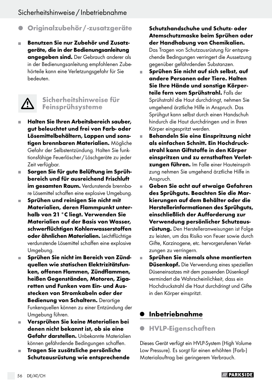 Originalzubehör / -zusatzgeräte, Sicherheitshinweise für feinsprühsysteme, Inbetriebnahme | Hvlp-eigenschaften | Parkside PDFP 500 A1 User Manual | Page 56 / 61