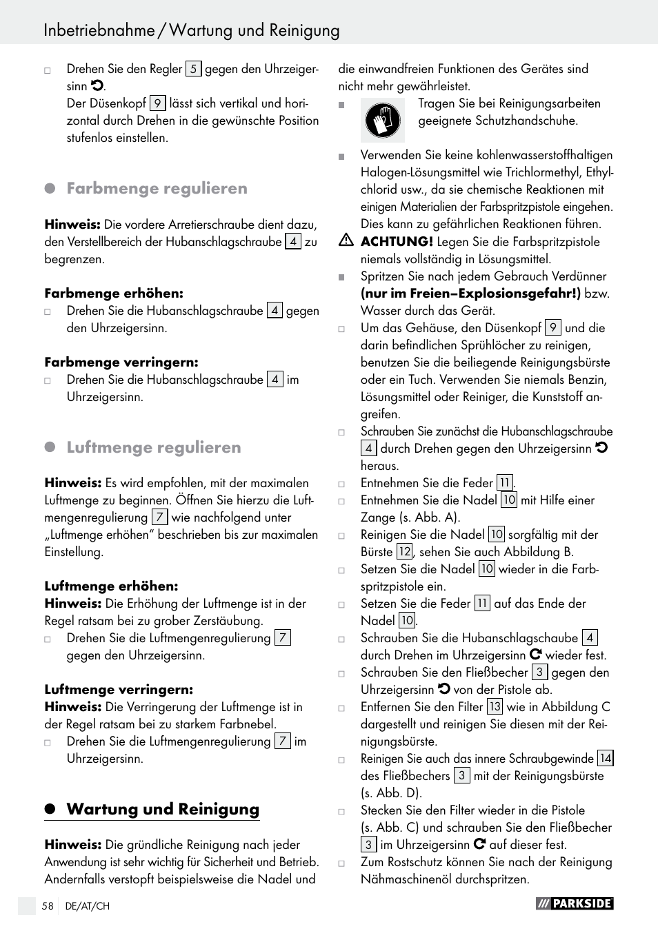 Farbmenge regulieren, Luftmenge regulieren, Wartung und reinigung | Parkside PDFP 500 A1 User Manual | Page 58 / 61