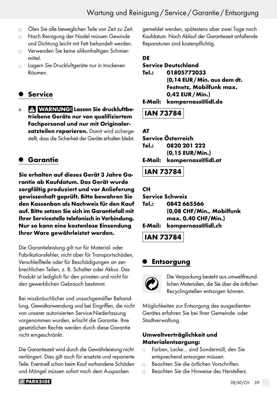 Service, Garantie, Entsorgung | Parkside PDFP 500 A1 User Manual | Page 59 / 61