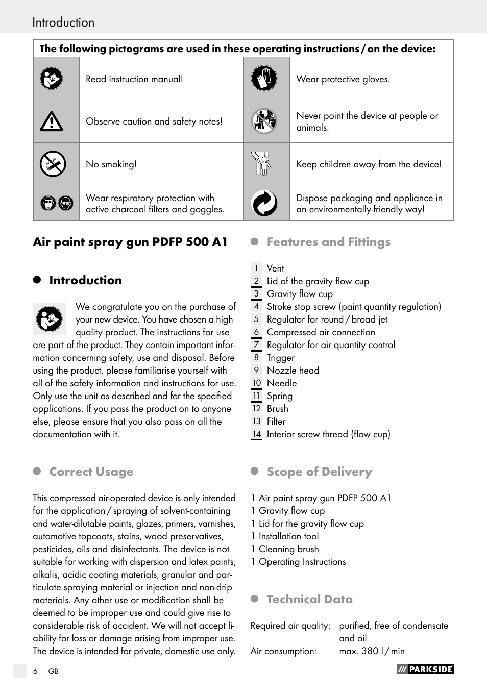 Introduction / safety advice introduction, Air paint spray gun pdfp 500 a1, Introduction | Correct usage, Features and fittings, Scope of delivery, Technical data | Parkside PDFP 500 A1 User Manual | Page 6 / 61