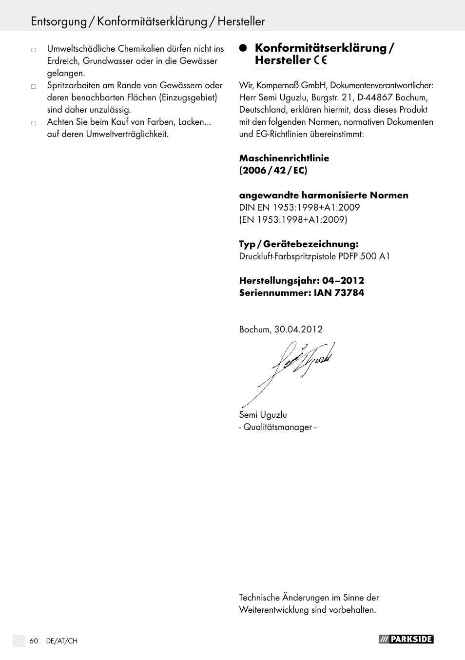Entsorgung / konformitätserklärung / hersteller, Konformitätserklärung / hersteller | Parkside PDFP 500 A1 User Manual | Page 60 / 61