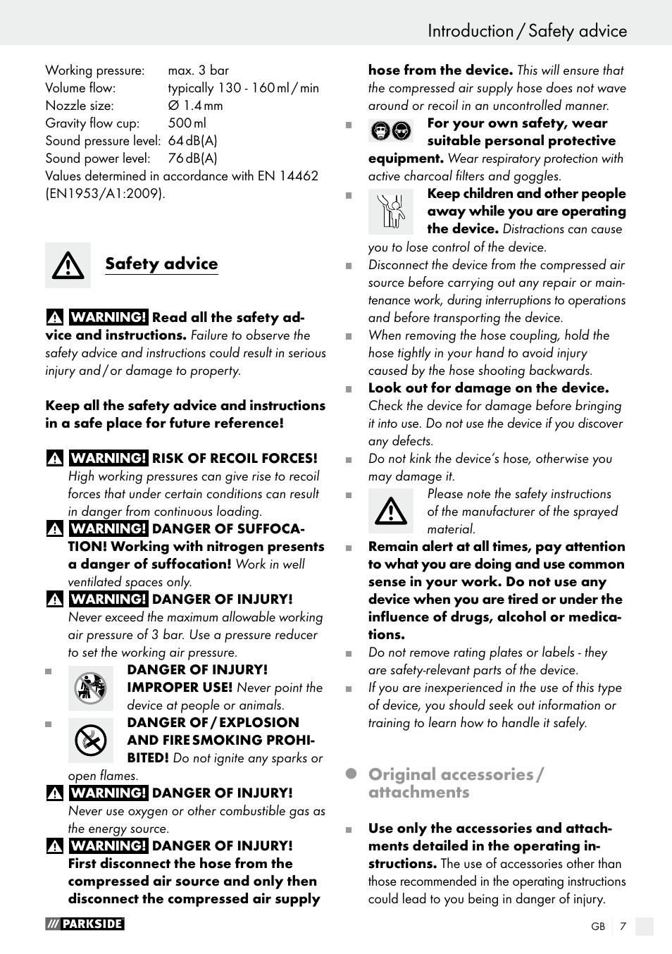 Introduction / safety advice introduction, Safety advice, Original accessories / attachments | Parkside PDFP 500 A1 User Manual | Page 7 / 61