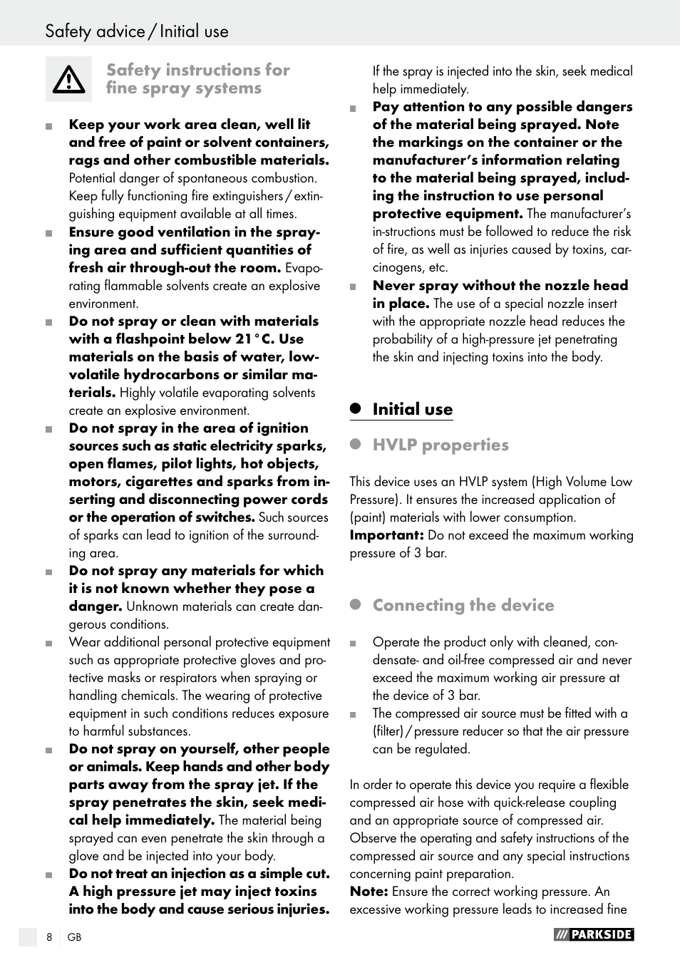 Initial use safety advice / initial use, Safety instructions for fine spray systems, Initial use | Hvlp properties, Connecting the device | Parkside PDFP 500 A1 User Manual | Page 8 / 61