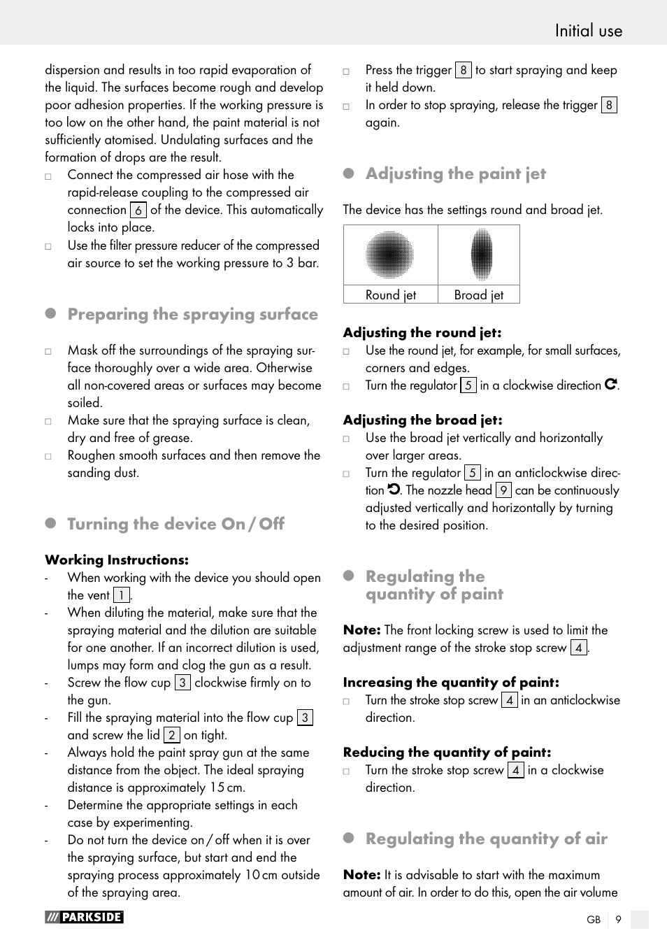 Initial use safety advice / initial use, Preparing the spraying surface, Turning the device on / off | Adjusting the paint jet, Regulating the quantity of paint, Regulating the quantity of air | Parkside PDFP 500 A1 User Manual | Page 9 / 61