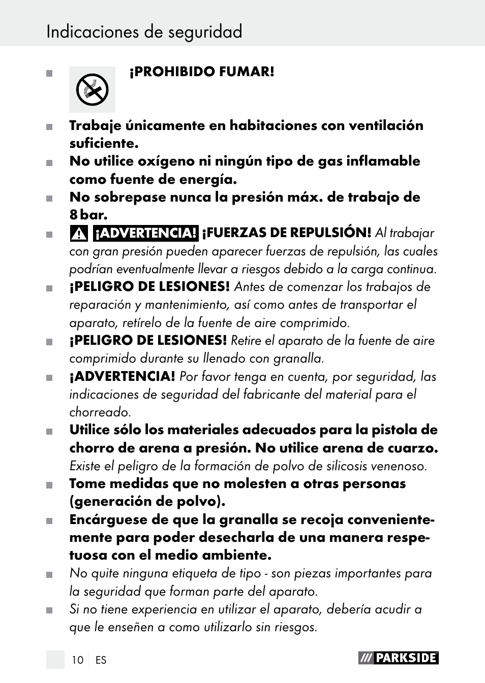 Manejo indicaciones de seguridad | Parkside PDSP 1000 A1 User Manual | Page 10 / 53