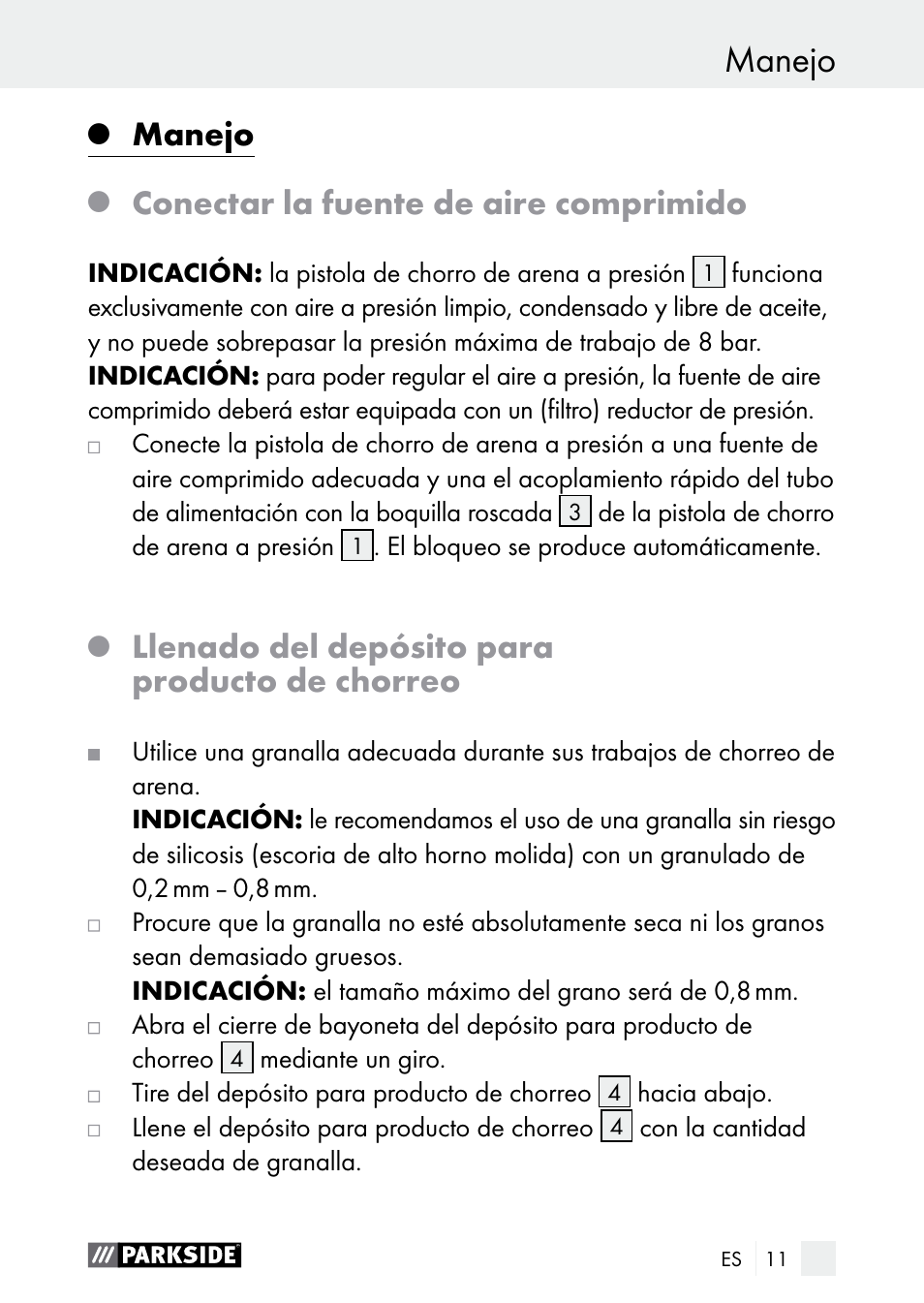 Manejo indicaciones de seguridad, Manejo, Conectar la fuente de aire comprimido | Llenado del depósito para producto de chorreo | Parkside PDSP 1000 A1 User Manual | Page 11 / 53