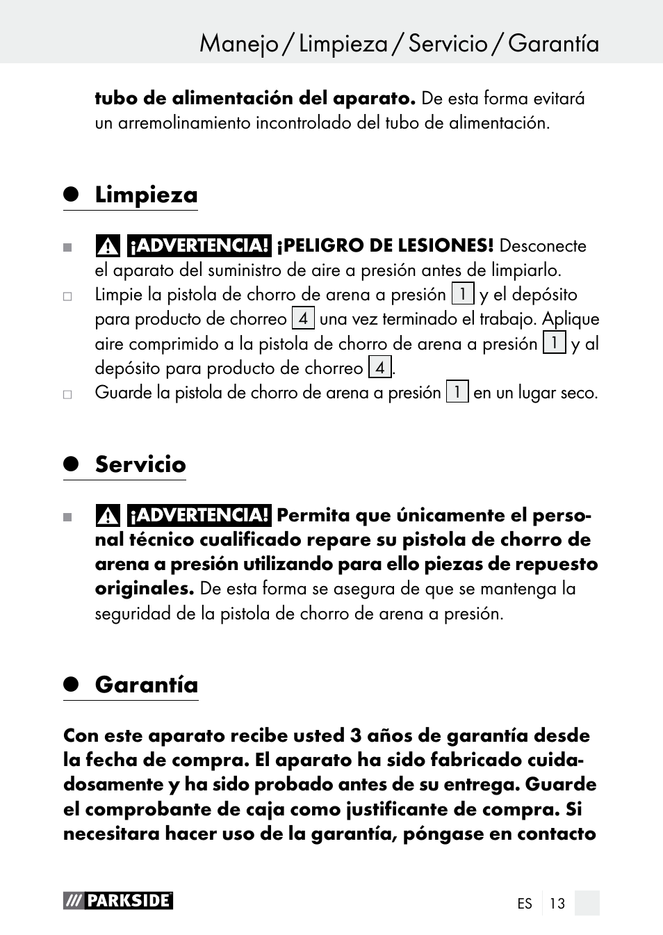 Manejo / limpieza / servicio / garantía manejo, Limpieza, Servicio | Garantía | Parkside PDSP 1000 A1 User Manual | Page 13 / 53
