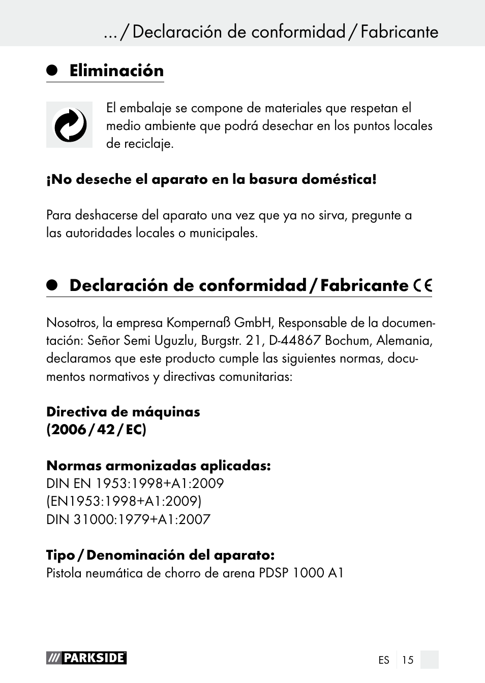 Declaración de conformidad / fabricante garantía, Eliminación, Declaración de conformidad / fabricante | Parkside PDSP 1000 A1 User Manual | Page 15 / 53