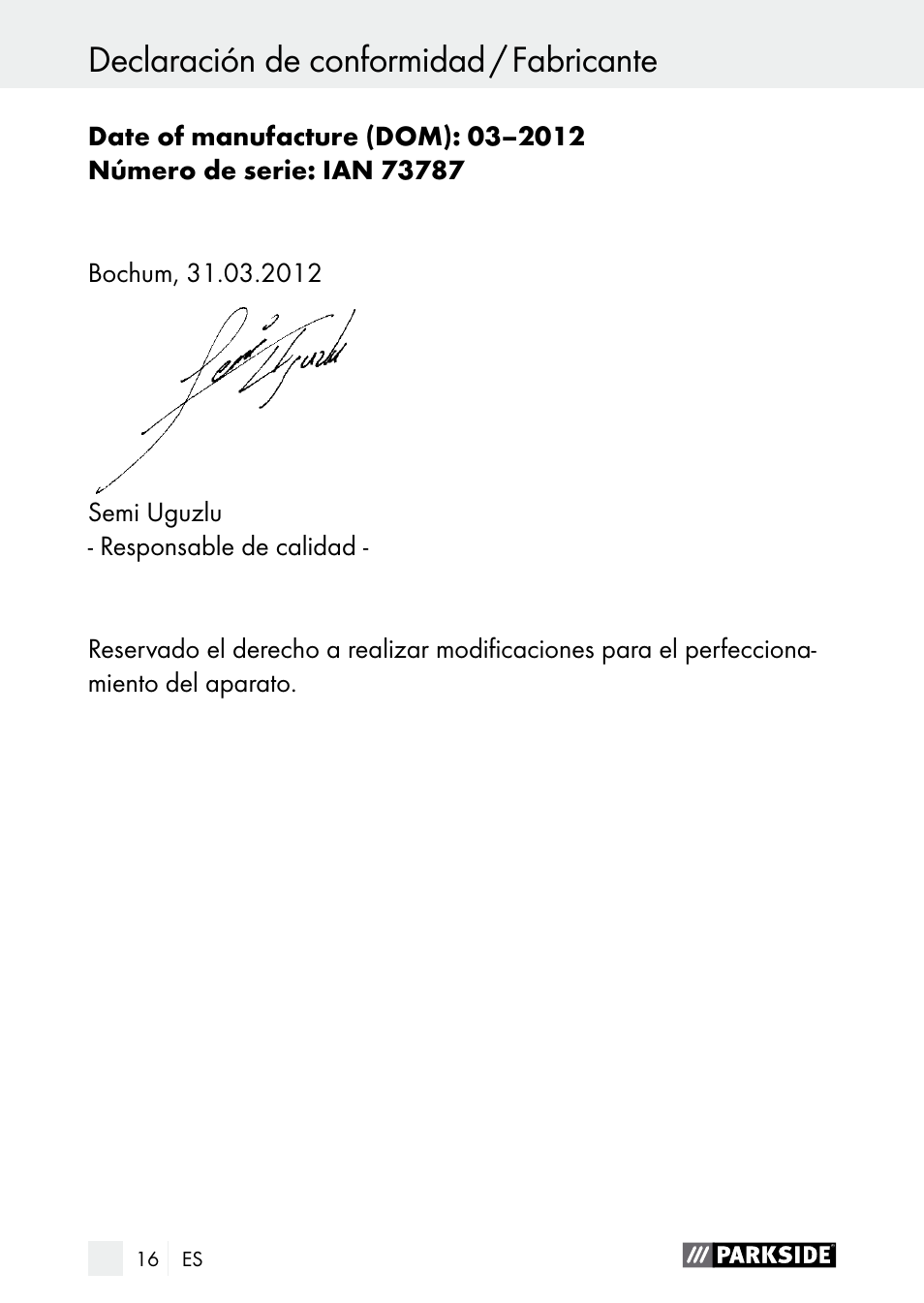 Declaración de conformidad / fabricante, Índice | Parkside PDSP 1000 A1 User Manual | Page 16 / 53