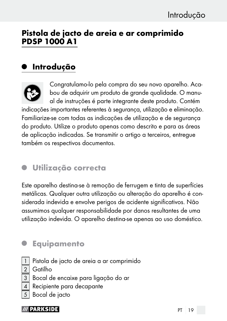 Introdução, Utilização correcta, Equipamento | Parkside PDSP 1000 A1 User Manual | Page 19 / 53