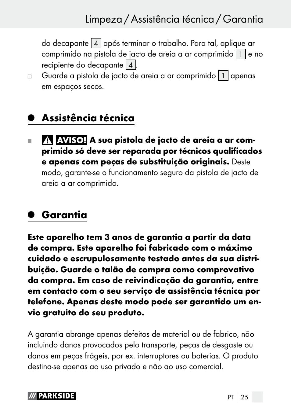 Assistência técnica, Garantia | Parkside PDSP 1000 A1 User Manual | Page 25 / 53