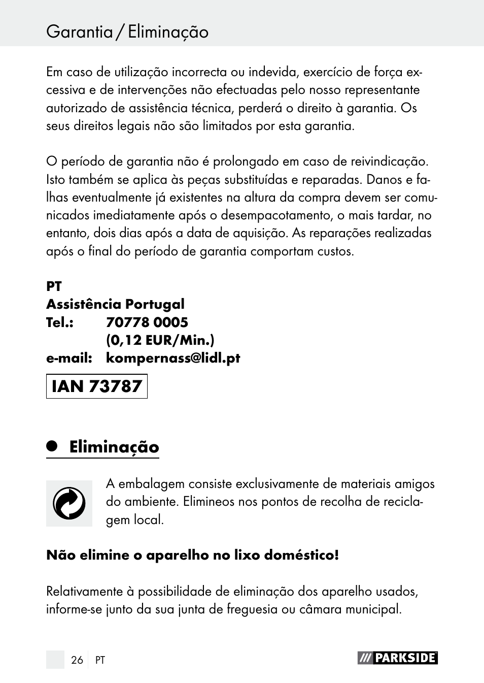 Eliminação | Parkside PDSP 1000 A1 User Manual | Page 26 / 53