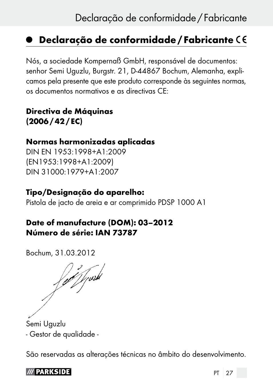 Declaração de conformidade / fabricante | Parkside PDSP 1000 A1 User Manual | Page 27 / 53
