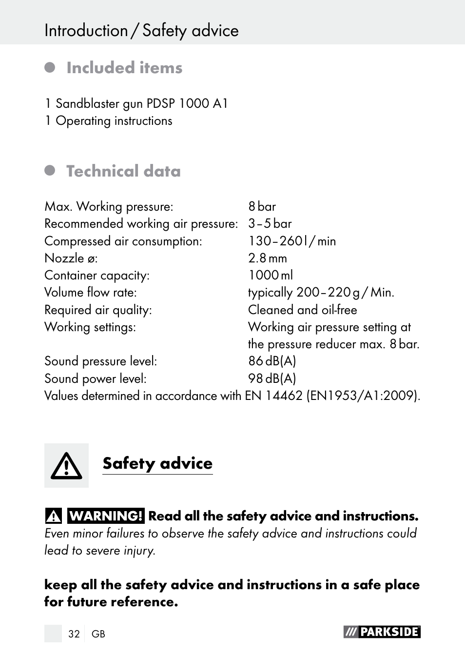 Safety advice introduction / safety advice, Included items, Technical data | Safety advice | Parkside PDSP 1000 A1 User Manual | Page 32 / 53