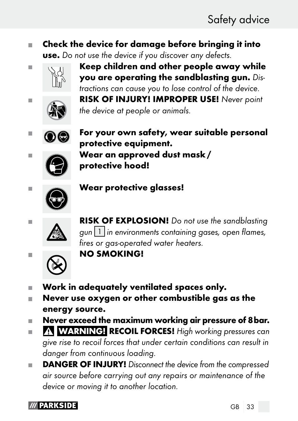 Safety advice introduction / safety advice | Parkside PDSP 1000 A1 User Manual | Page 33 / 53