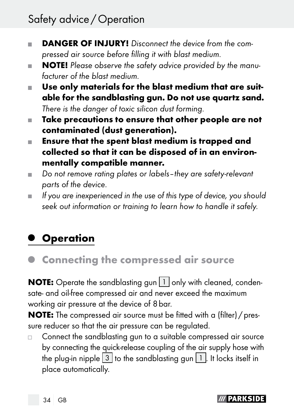 Operation safety advice / operation, Operation, Connecting the compressed air source | Parkside PDSP 1000 A1 User Manual | Page 34 / 53