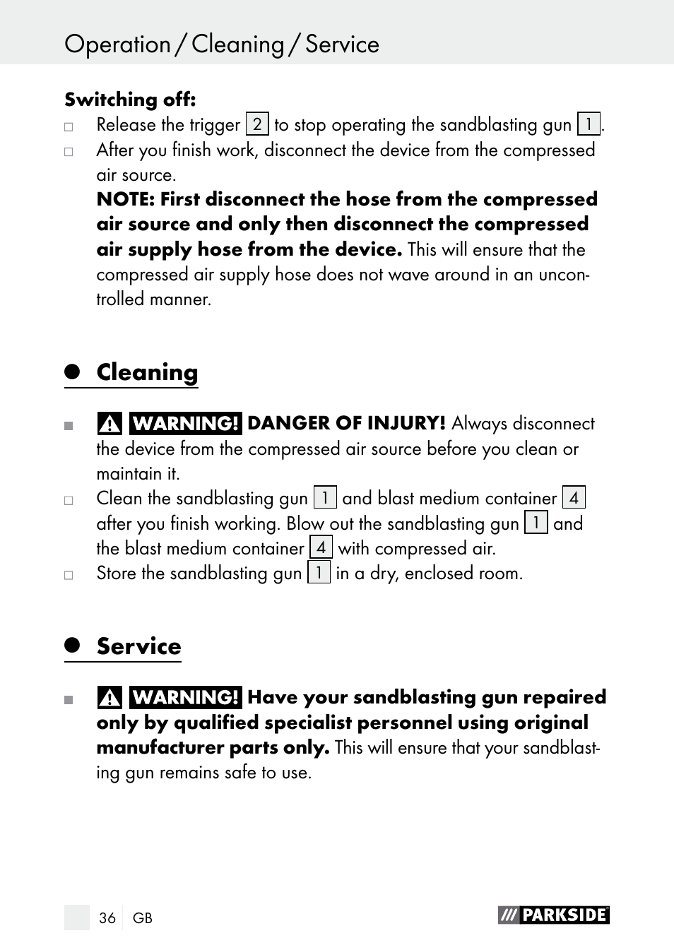 Warranty operation / cleaning / service, Cleaning, Service | Parkside PDSP 1000 A1 User Manual | Page 36 / 53