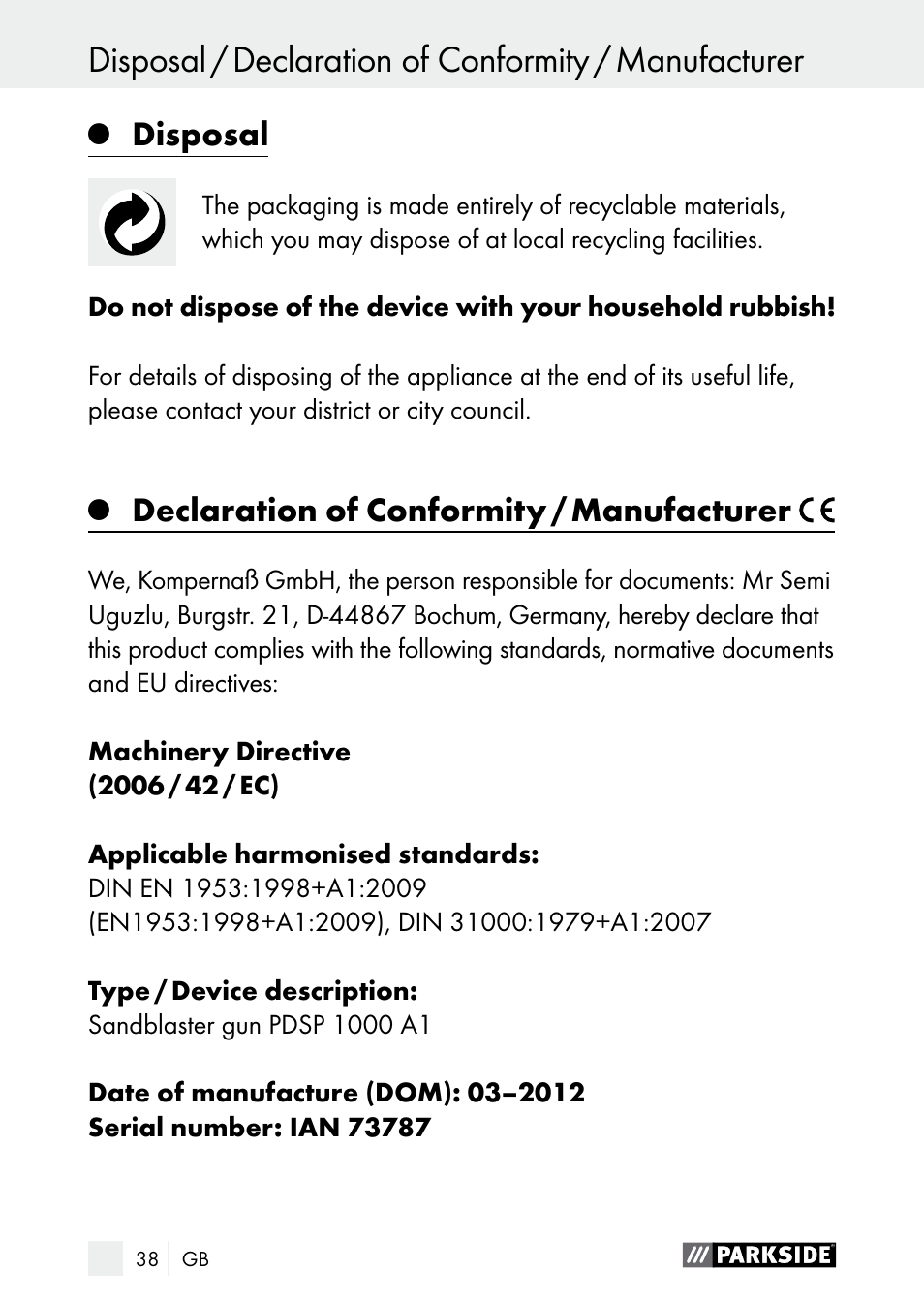 Disposal, Declaration of conformity / manufacturer | Parkside PDSP 1000 A1 User Manual | Page 38 / 53