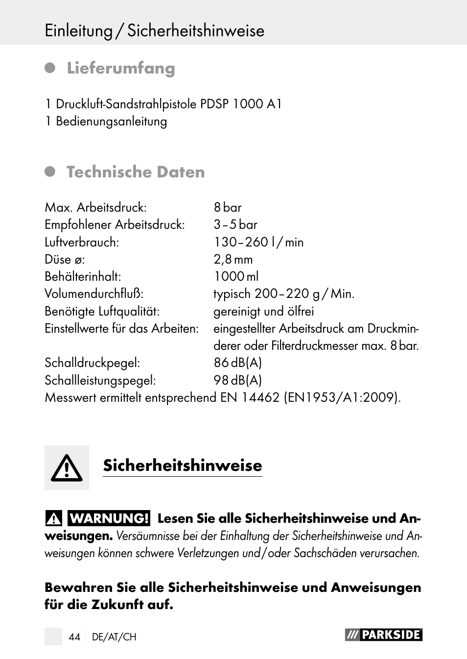 Lieferumfang, Technische daten, Sicherheitshinweise | Parkside PDSP 1000 A1 User Manual | Page 44 / 53