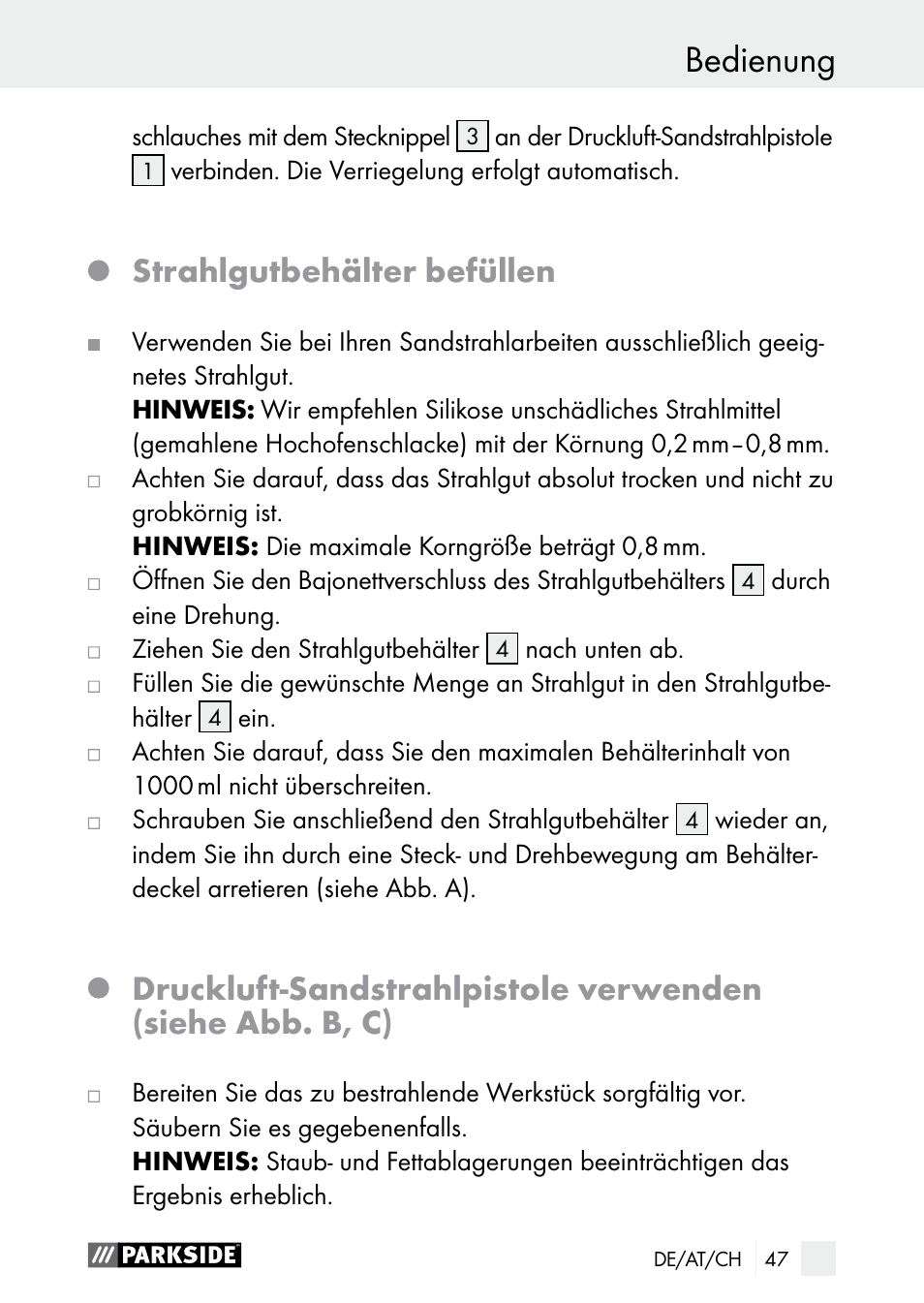 Bedienung sicherheitshinweise / bedienung, Strahlgutbehälter befüllen | Parkside PDSP 1000 A1 User Manual | Page 47 / 53