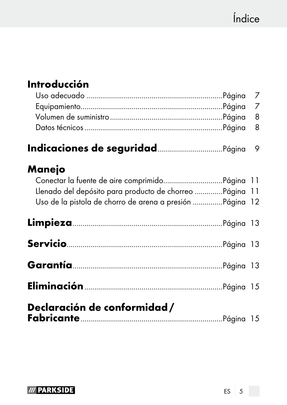 Índice | Parkside PDSP 1000 A1 User Manual | Page 5 / 53