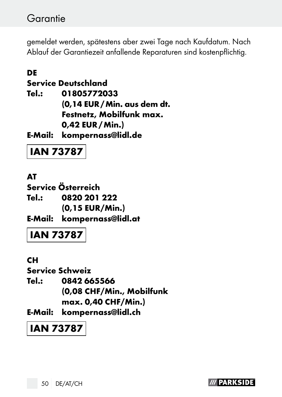 Garantie | Parkside PDSP 1000 A1 User Manual | Page 50 / 53